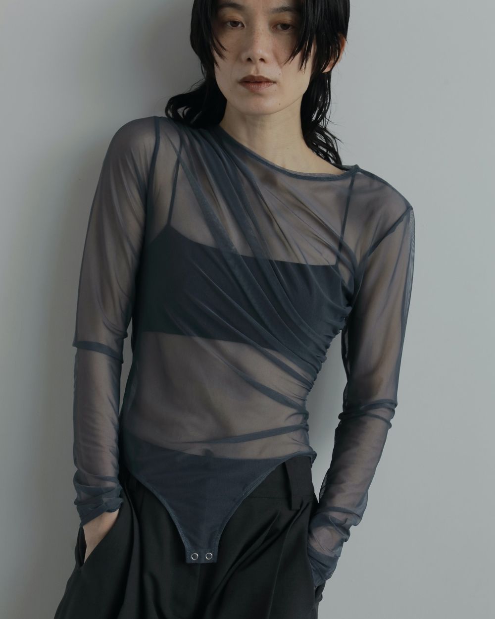 Tulle Gather Bodysuit Tulle Gather Bodysuit,チュールギャザーボディスーツ,62520608,トップス,シアートップス,透け感,ànuke,アンヌーク,lifes,ライフズ,25aw