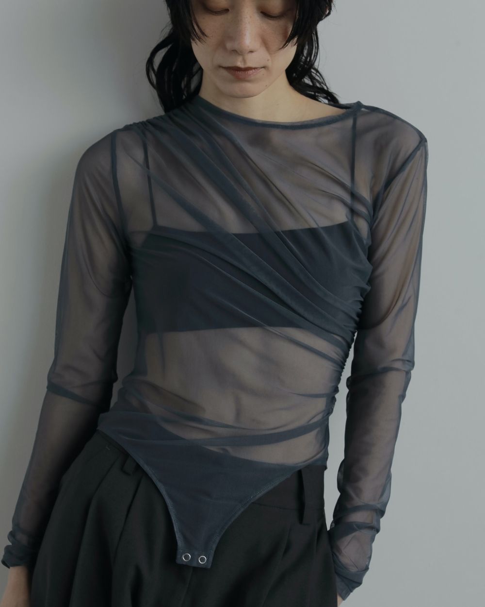 Tulle Gather Bodysuit Tulle Gather Bodysuit,チュールギャザーボディスーツ,62520608,トップス,シアートップス,透け感,ànuke,アンヌーク,lifes,ライフズ,25aw