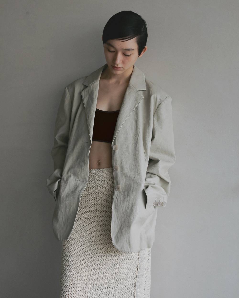 Ecoleather Tailored Jacket Ecoleather Tailored Jacket,エコレザー テーラード ジャケット,62610105,ジャケット,JK,アウター,羽織,オーバーサイズ,エコレザー素材,ànuke,アンヌーク,lifes,ライフズ,26ss