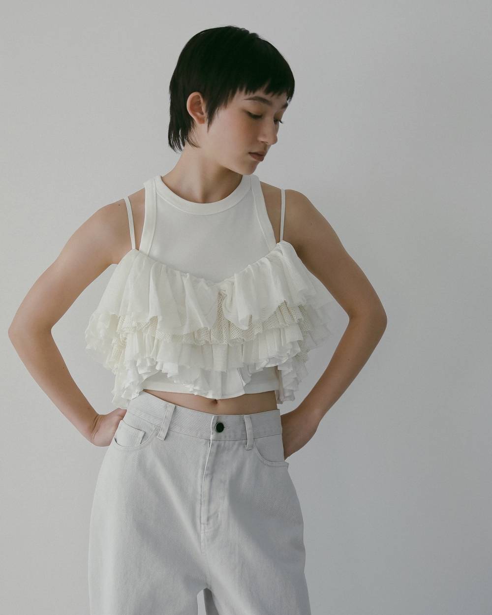 Mesh Frill Camisole Mesh Frill Camisole,メッシュ フリル キャミソール,62610402,キャミソール,トップス,レイヤード,キャミ,フリル,キャミソールトップス,ànuke,アンヌーク,lifes,ライフズ,26ss