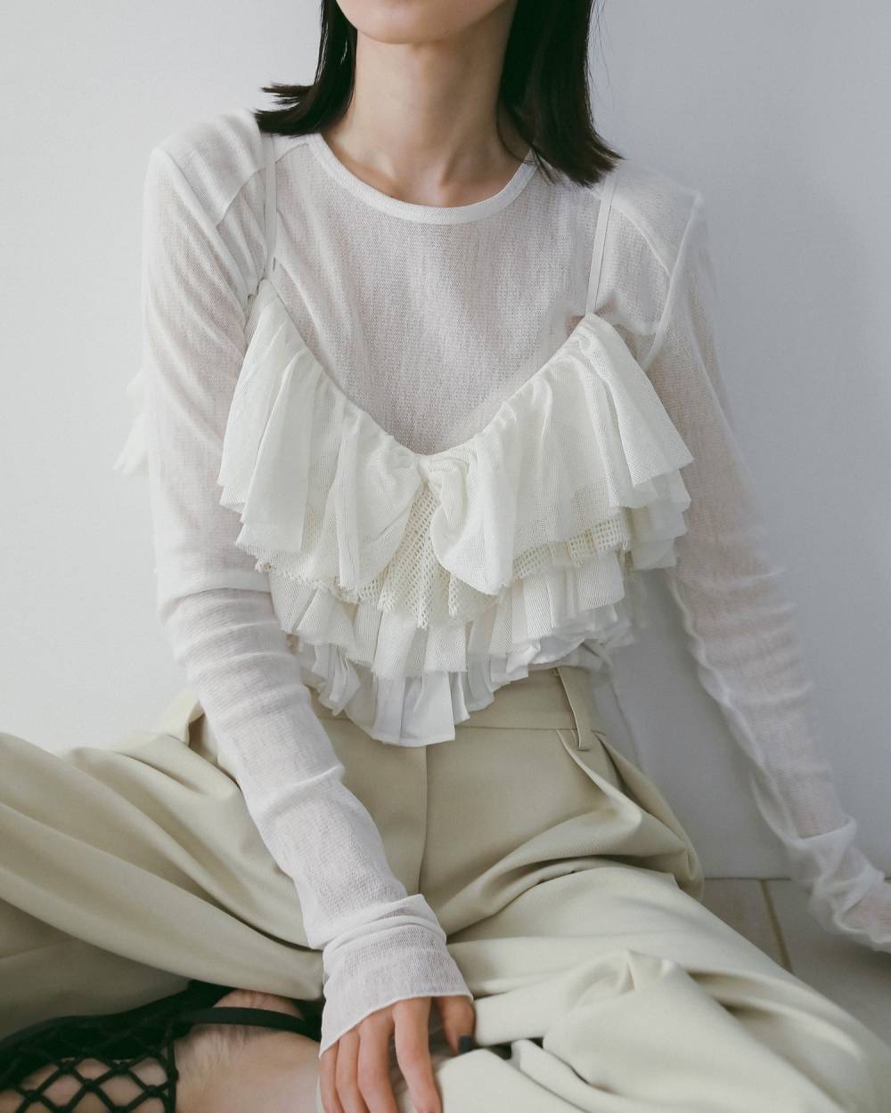 Mesh Frill Camisole Mesh Frill Camisole,メッシュ フリル キャミソール,62610402,キャミソール,トップス,レイヤード,キャミ,フリル,キャミソールトップス,ànuke,アンヌーク,lifes,ライフズ,26ss