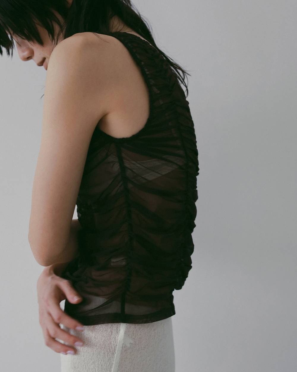 Tulle Gather Tanktop Tulle Gather Tanktop,チュール ギャザー タンクトップ,62610626,トップス,タンクトップ,タンク,ノースリーブ,ノースリ,チュール素材,ànuke,アンヌーク,lifes,ライフズ,26ss