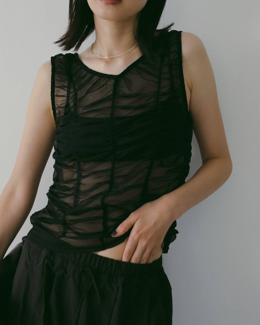 Tulle Gather Tanktop Tulle Gather Tanktop,チュール ギャザー タンクトップ,62610626,トップス,タンクトップ,タンク,ノースリーブ,ノースリ,チュール素材,ànuke,アンヌーク,lifes,ライフズ,26ss